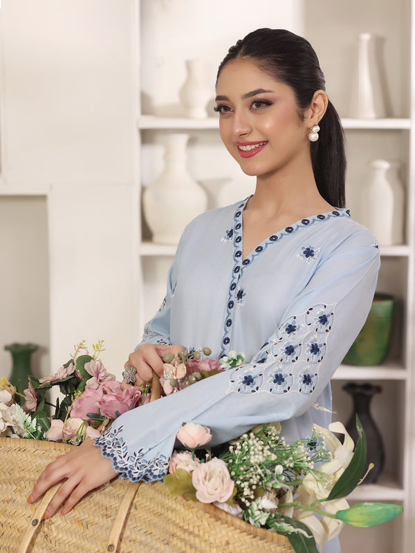 2Pc Solid Embroidered Pret Shirt Shalwar Cotton Sky Blue