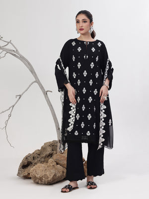 3Pc Embroidered Pret Suit Dyed Boski Black White