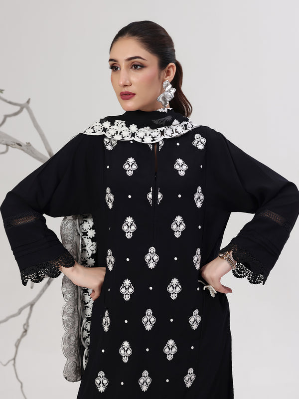 3Pc Embroidered Pret Suit Dyed Boski Black White