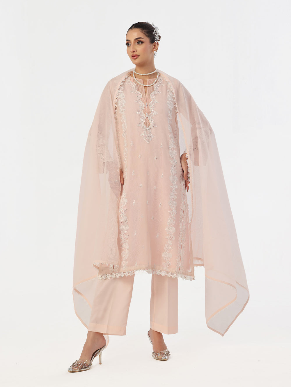 3Pc Embroidered Pret Suit Net Baby pink - OWE3P-2410002