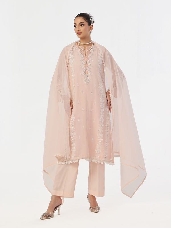 3Pc Embroidered Pret Suit Net Baby pink - OWE3P-2410002