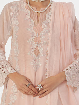 3Pc Embroidered Pret Suit Net Baby pink - OWE3P-2410002