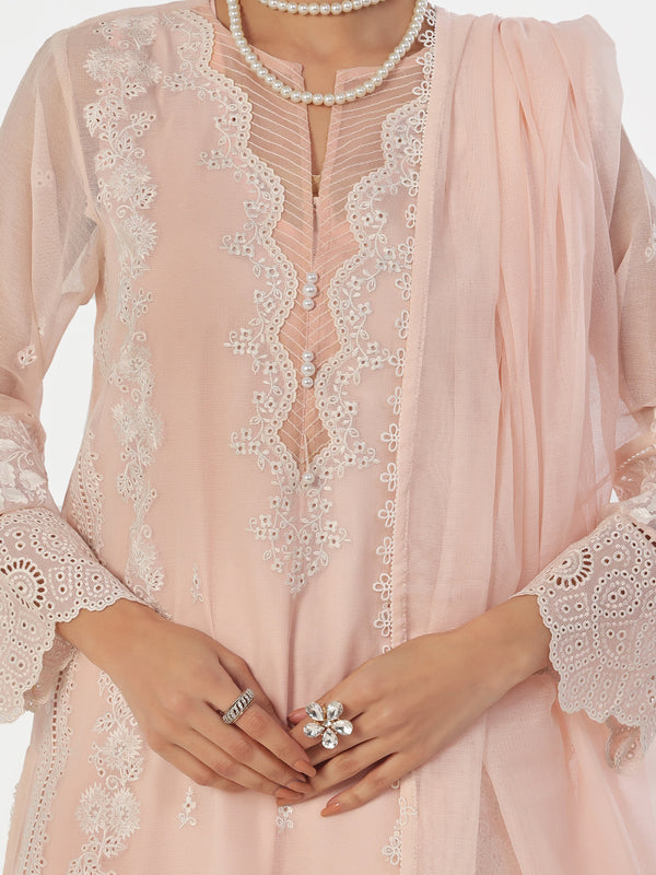 3Pc Embroidered Pret Suit Net Baby pink - OWE3P-2410002