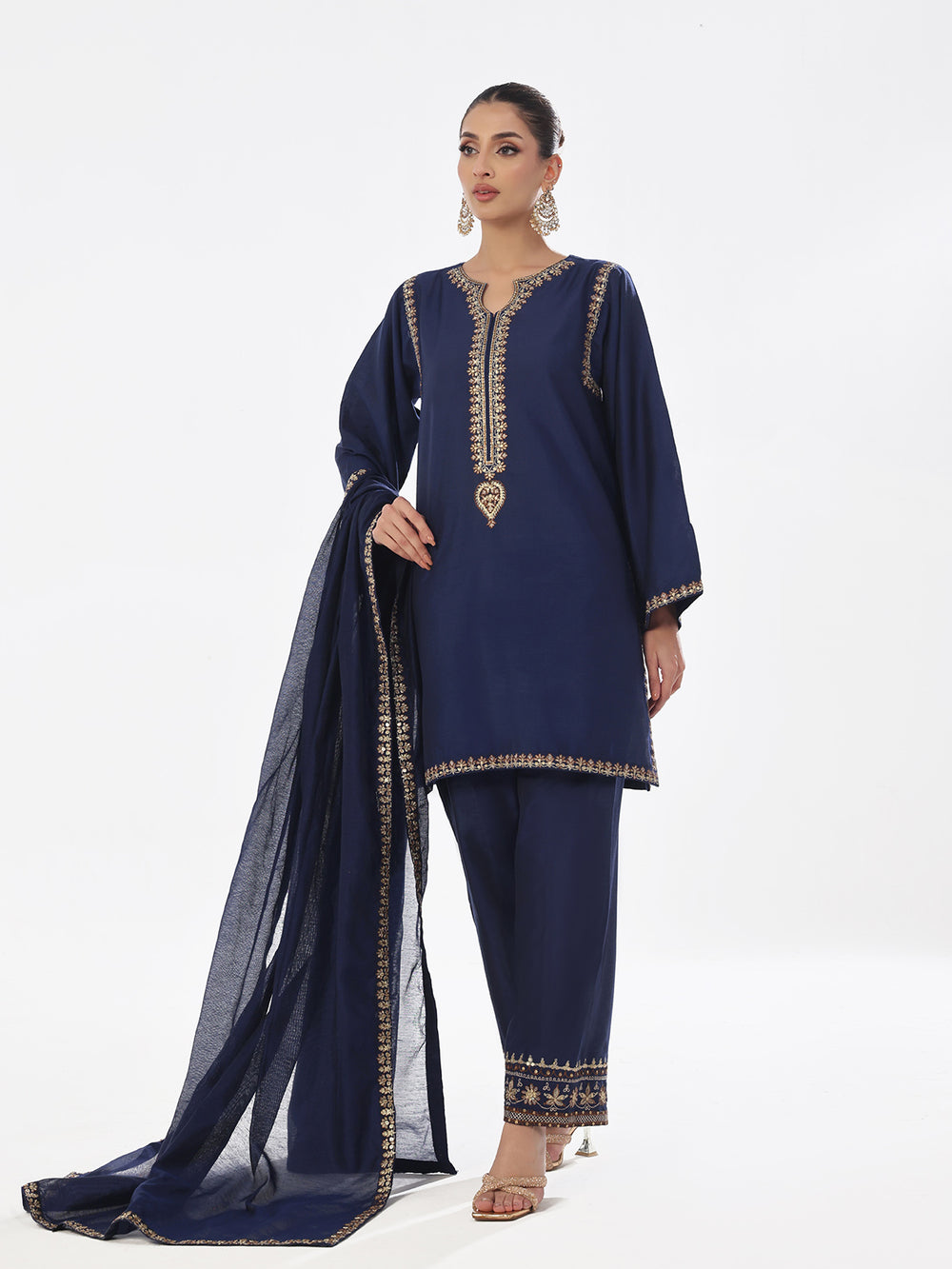 3Pc Embroidered Pret Suit Cotton Silk Navy Blue - OWE3P-2410006