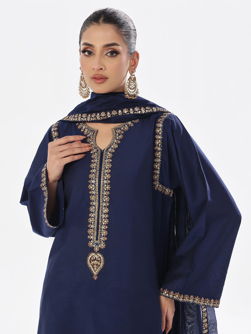 3Pc Embroidered Pret Suit Cotton Silk Navy Blue - OWE3P-2410006