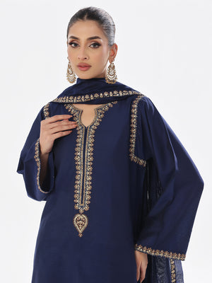 3Pc Embroidered Pret Suit Cotton Silk Navy Blue - OWE3P-2410006