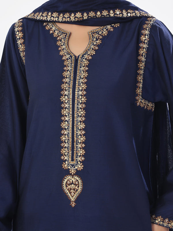 3Pc Embroidered Pret Suit Cotton Silk Navy Blue - OWE3P-2410006