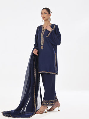 3Pc Embroidered Pret Suit Cotton Silk Navy Blue - OWE3P-2410006