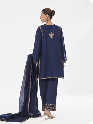 3Pc Embroidered Pret Suit Cotton Silk Navy Blue - OWE3P-2410006
