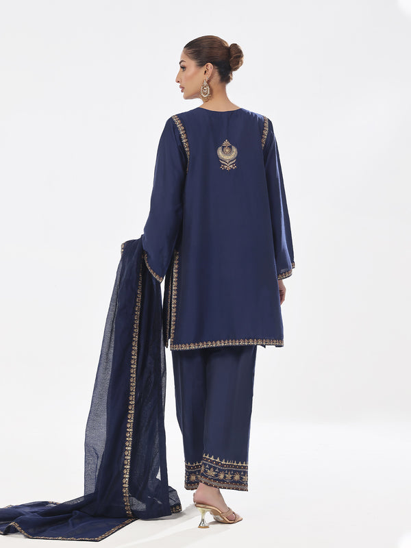 3Pc Embroidered Pret Suit Cotton Silk Navy Blue - OWE3P-2410006