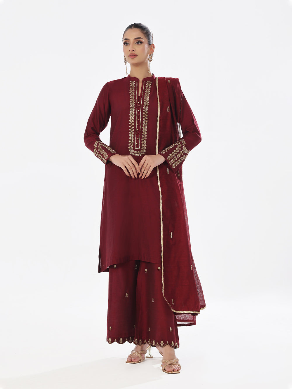 3Pc Embroidered Pret Suit Cotton Silk Maroon - OWE3P-2410009