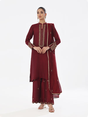 3Pc Embroidered Pret Suit Cotton Silk Maroon - OWE3P-2410009