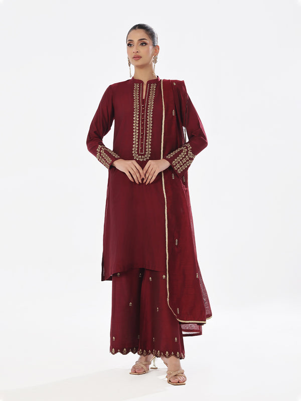 3Pc Embroidered Pret Suit Cotton Silk Maroon - OWE3P-2410009