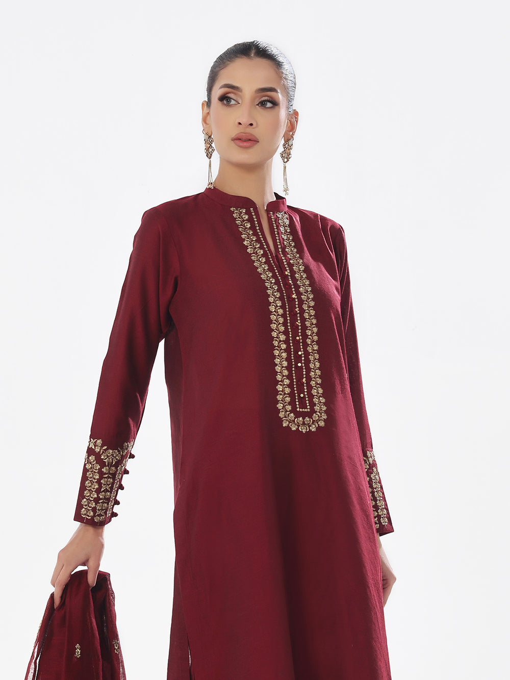 3Pc Embroidered Pret Suit Cotton Silk Maroon - OWE3P-2410009