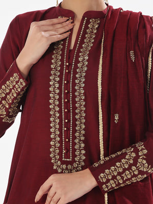 3Pc Embroidered Pret Suit Cotton Silk Maroon - OWE3P-2410009