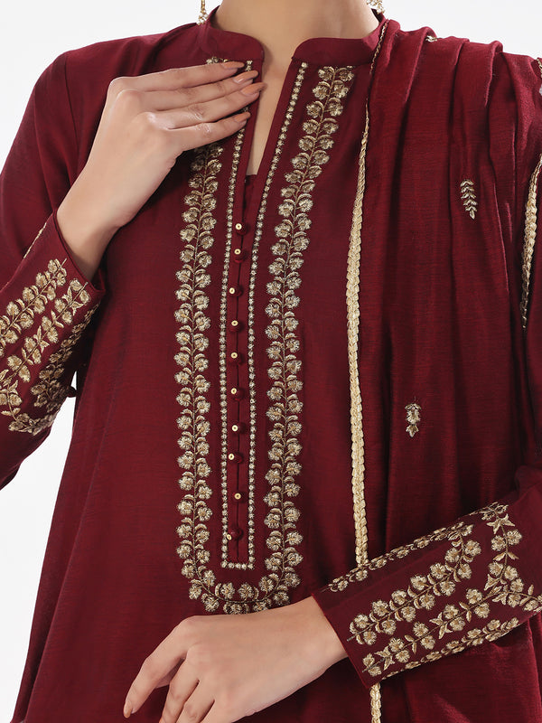 3Pc Embroidered Pret Suit Cotton Silk Maroon - OWE3P-2410009