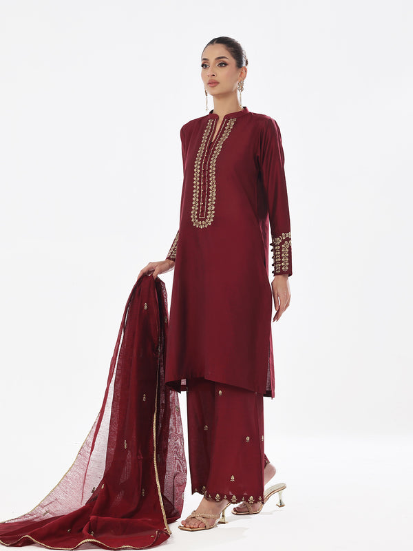 3Pc Embroidered Pret Suit Cotton Silk Maroon - OWE3P-2410009
