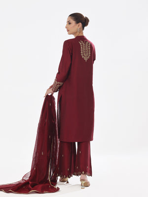 3Pc Embroidered Pret Suit Cotton Silk Maroon - OWE3P-2410009