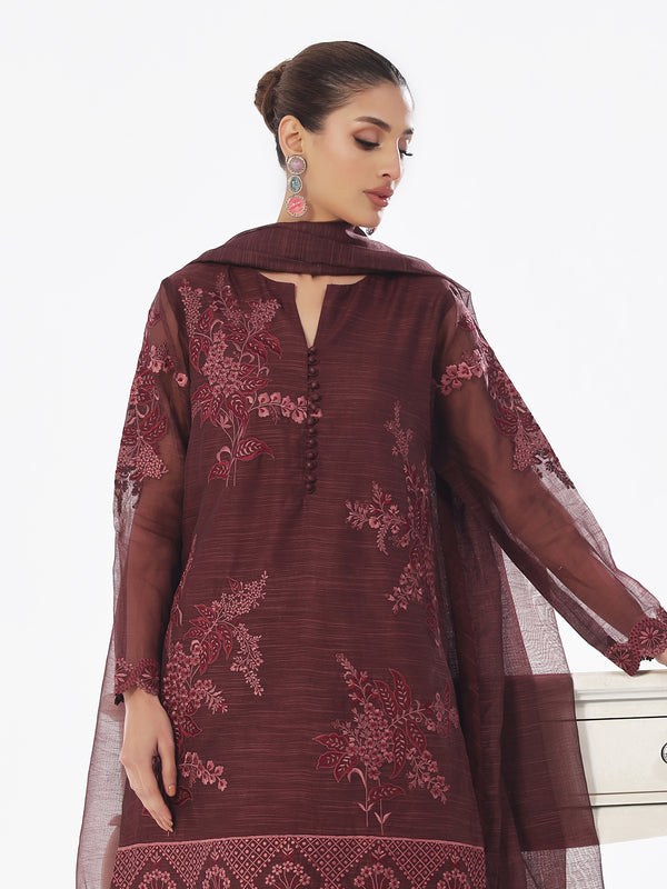 3Pc Embroidered Pret Suit Net Slub Polly Plum - OWE3P-2410014