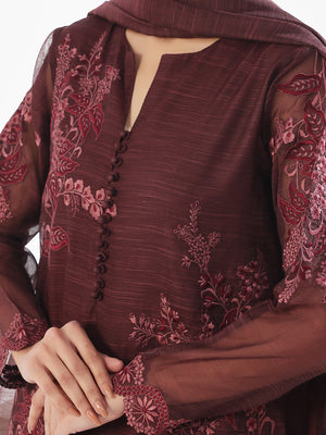 3Pc Embroidered Pret Suit Net Slub Polly Plum - OWE3P-2410014