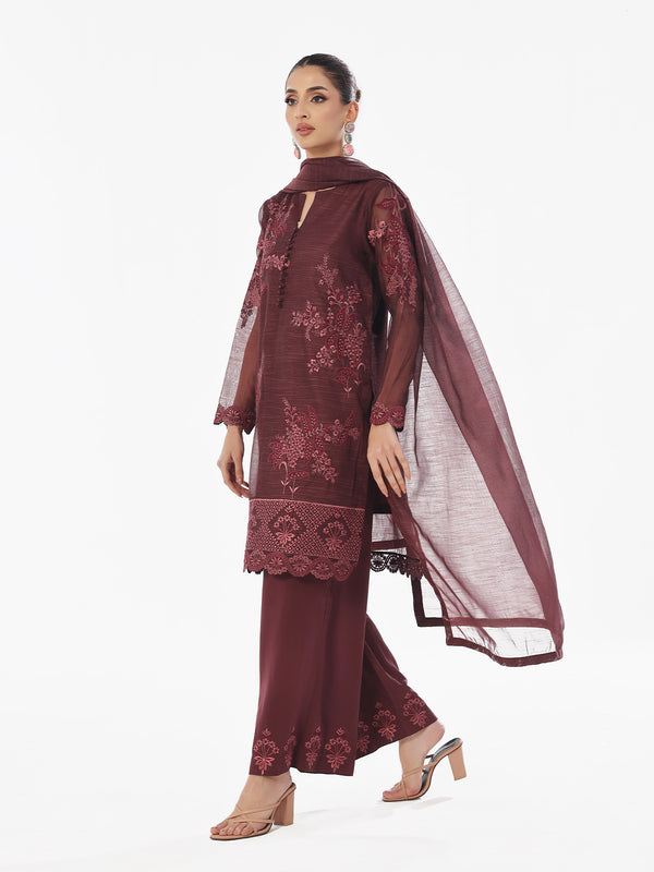 3Pc Embroidered Pret Suit Net Slub Polly Plum - OWE3P-2410014