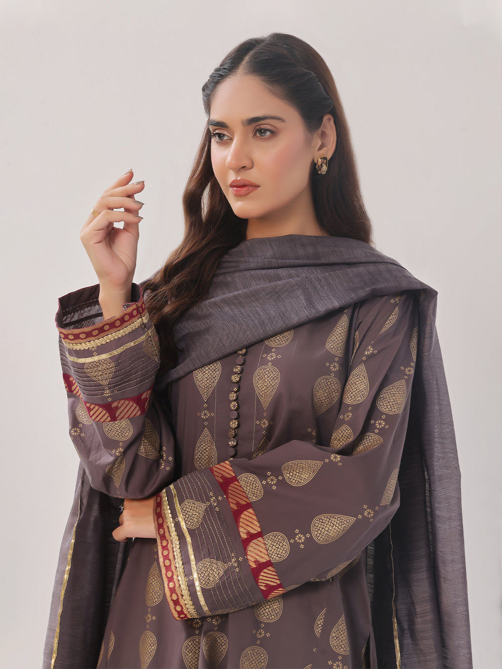 3Pc Printed Suit Pret Cambric Dark Grey - OW3P-2408015