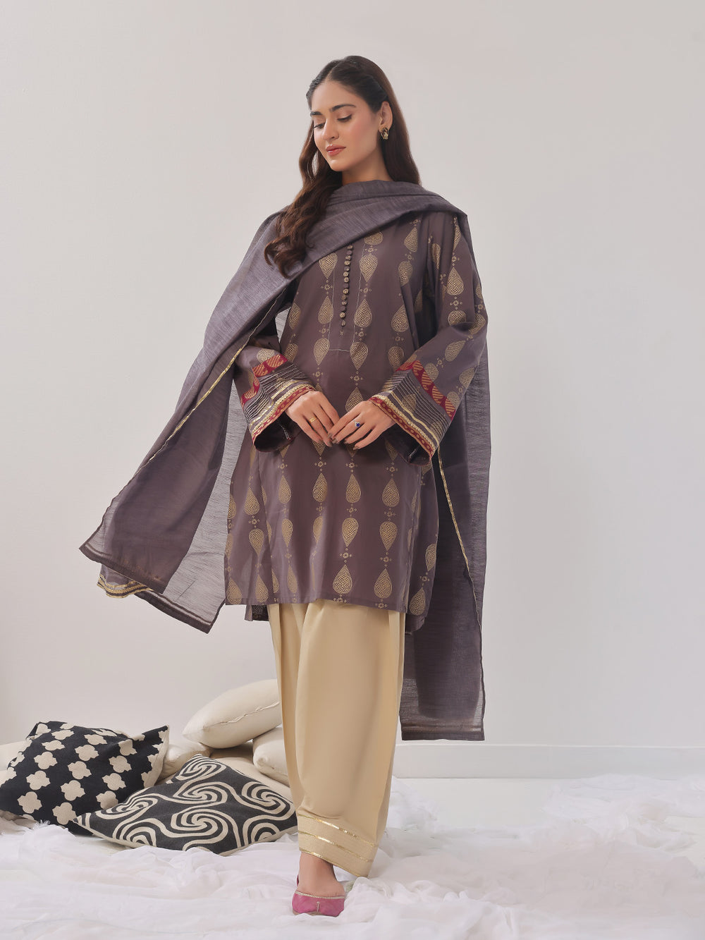 3Pc Printed Suit Pret Cambric Dark Grey - OW3P-2408015