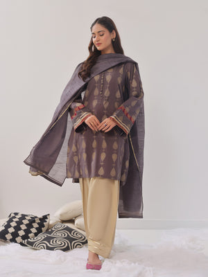 3Pc Printed Suit Pret Cambric Dark Grey - OW3P-2408015