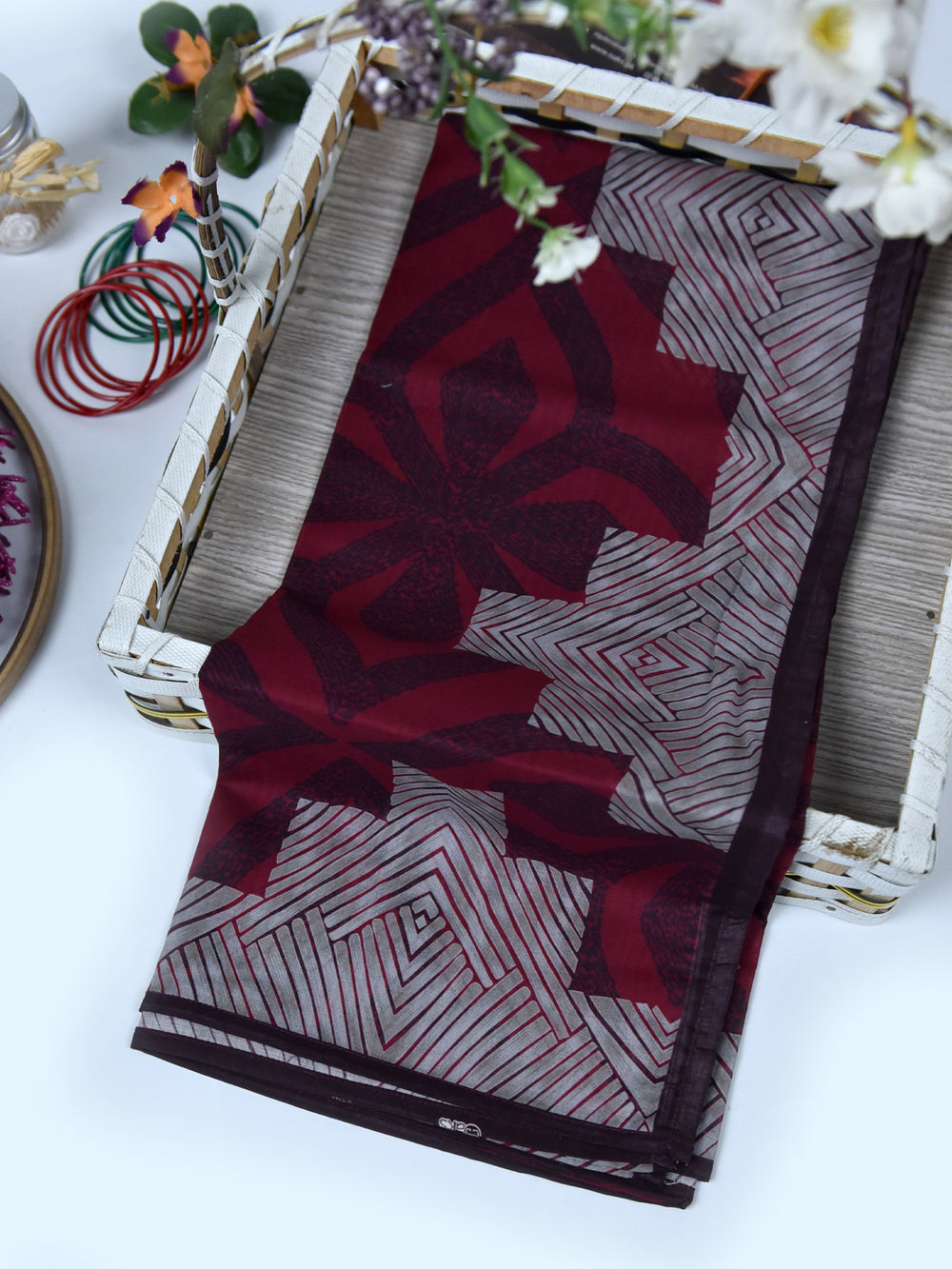 1Pc Printed Pret Dupatta Lawn Brown & Maroon - OWDT-2411037-1