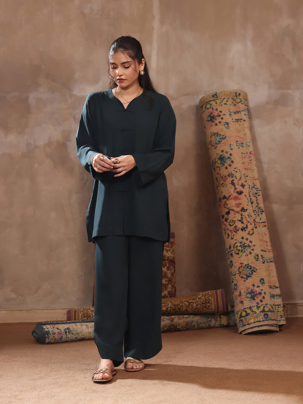 2Pc Dyed Pret Shirt Trouser Linen Teal