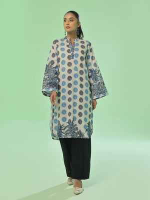 1Pc Printed Pret & Unstitched Kurti Lawn Beige & Blue