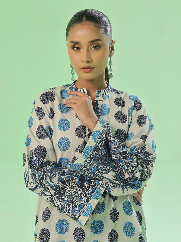 1Pc Printed Pret & Unstitched Kurti Lawn Beige & Blue