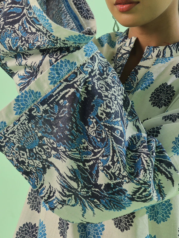1Pc Printed Pret & Unstitched Kurti Lawn Beige & Blue