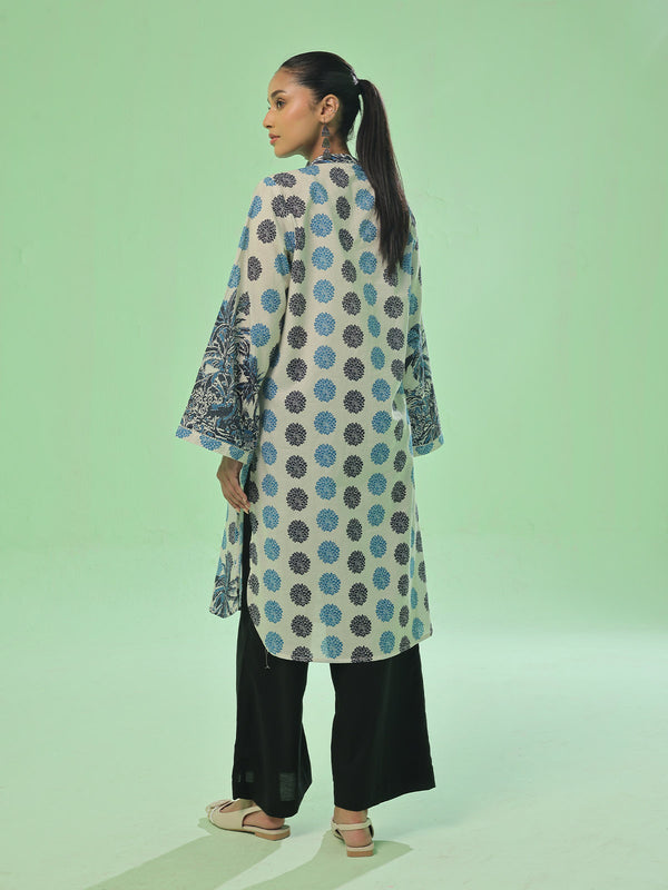 1Pc Printed Pret & Unstitched Kurti Lawn Beige & Blue