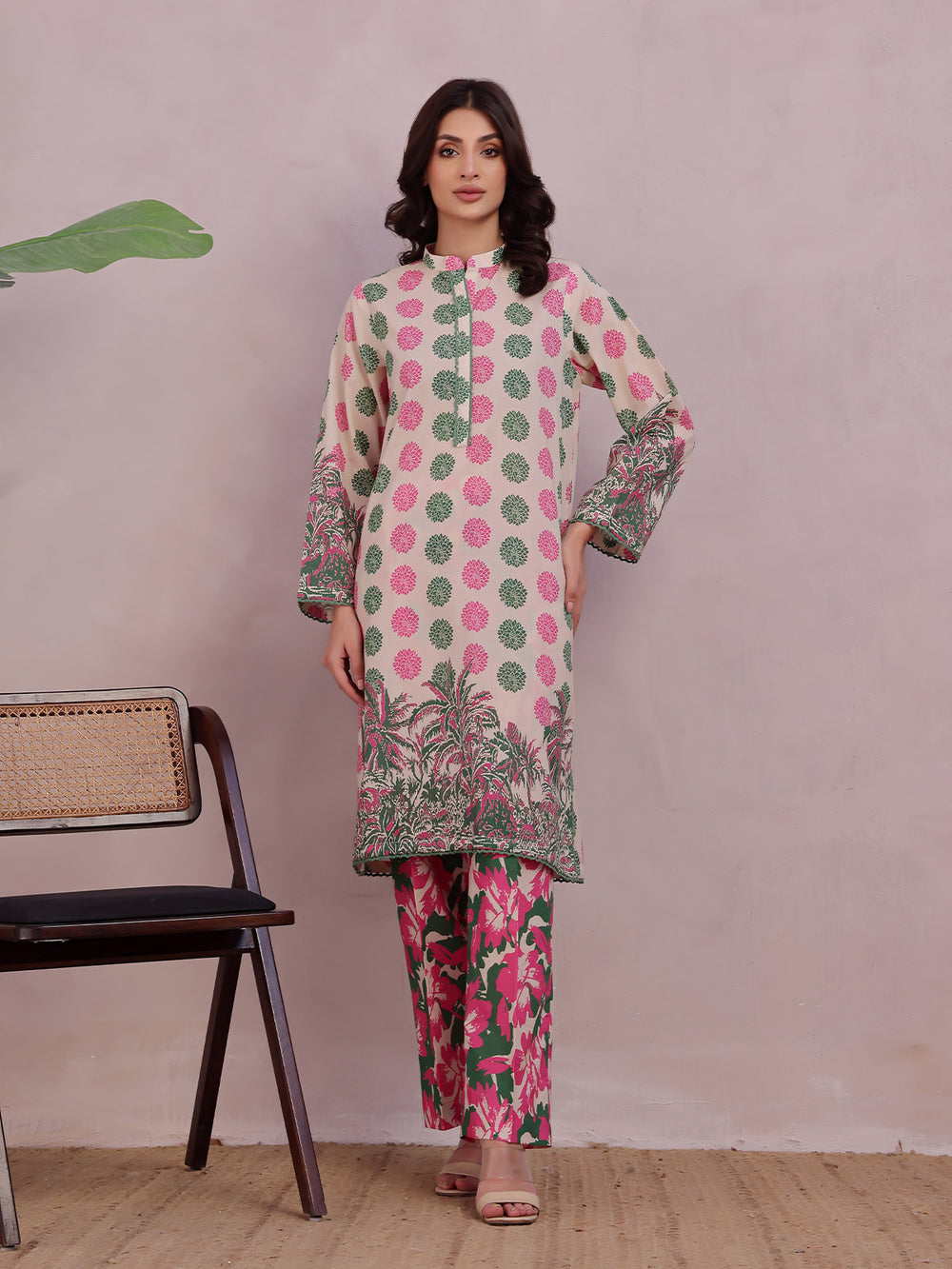 2Pc Printed Pret & Unstitched Shirt Trouser Lawn Green & Pink