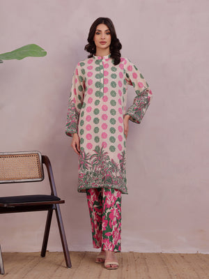 2Pc Printed Pret & Unstitched Shirt Trouser Lawn Green & Pink