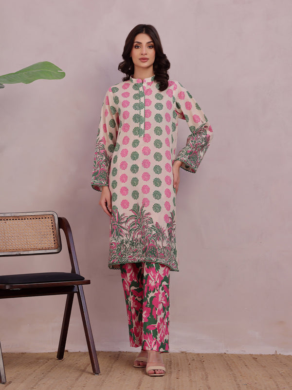 2Pc Printed Pret & Unstitched Shirt Trouser Lawn Green & Pink