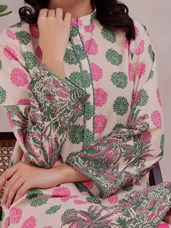 2Pc Printed Pret & Unstitched Shirt Trouser Lawn Green & Pink
