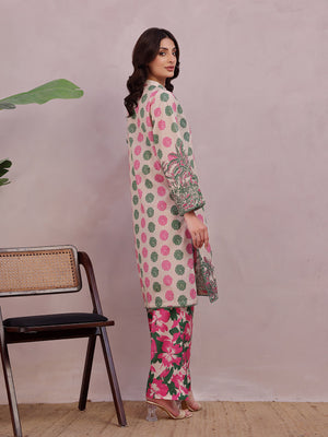 2Pc Printed Pret & Unstitched Shirt Trouser Lawn Green & Pink