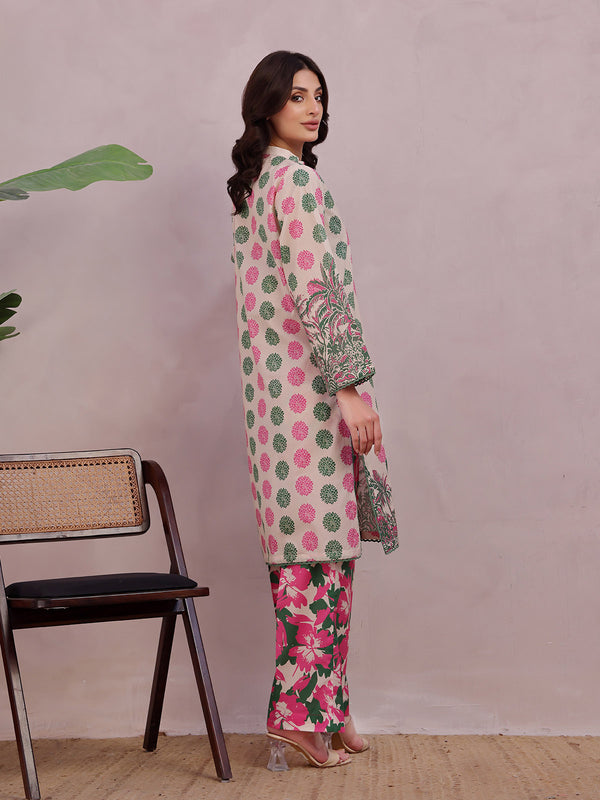 2Pc Printed Pret & Unstitched Shirt Trouser Lawn Green & Pink