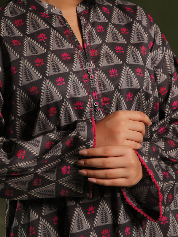 2Pc Printed Pret Shirt Trouser Cambric Charcoal - OW2P-2411001