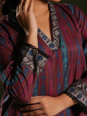 2Pc Printed Pret Shirt Trouser Cambric Maroon - OW2P-2411004