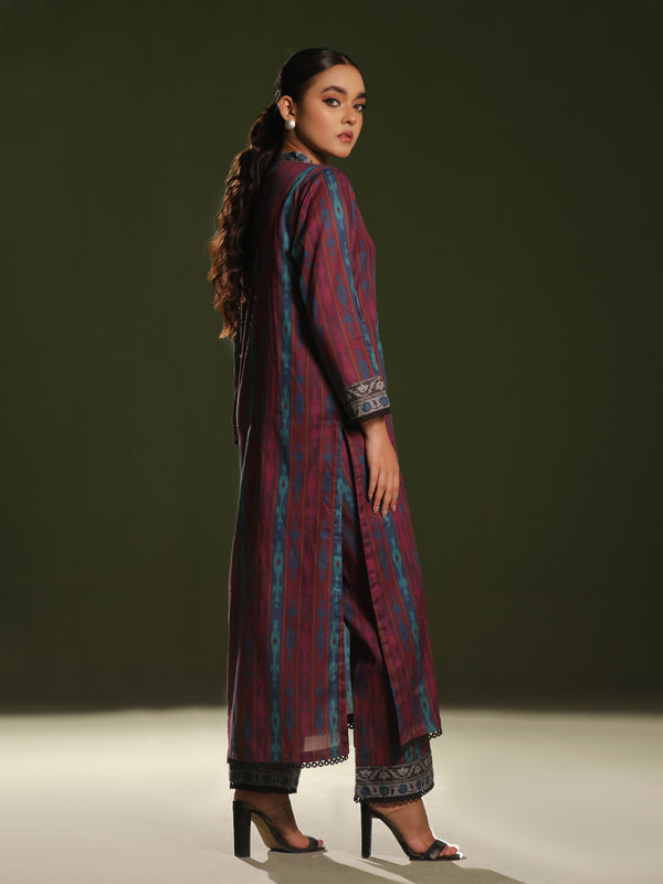 2Pc Printed Pret Shirt Trouser Cambric Maroon - OW2P-2411004