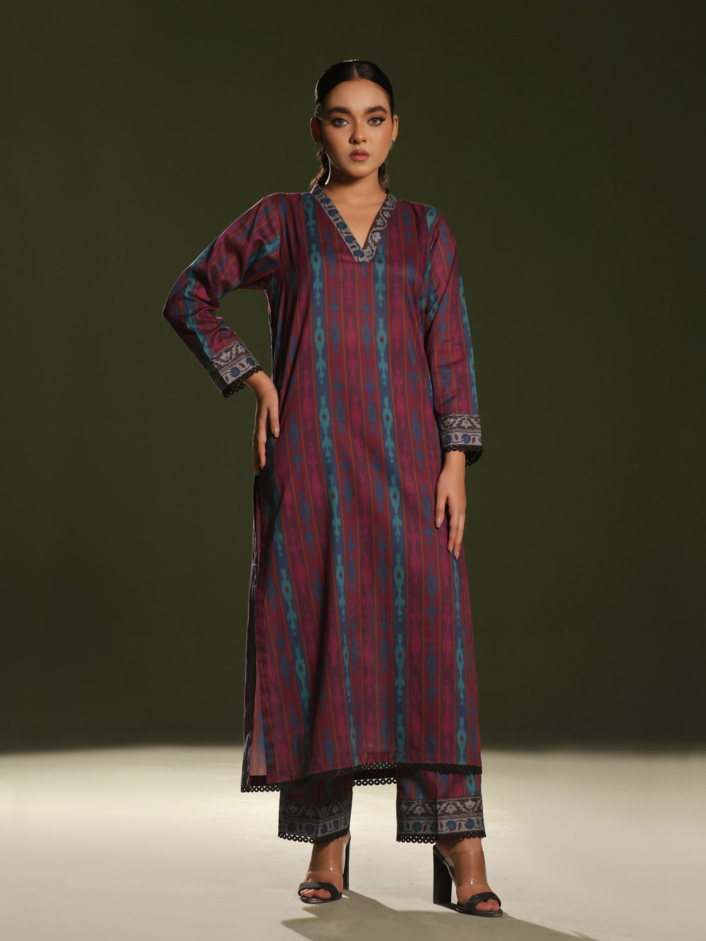 2Pc Printed Pret Shirt Trouser Cambric Maroon - OW2P-2411004