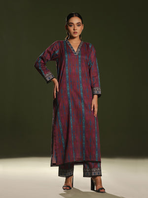 2Pc Printed Pret Shirt Trouser Cambric Maroon - OW2P-2411004