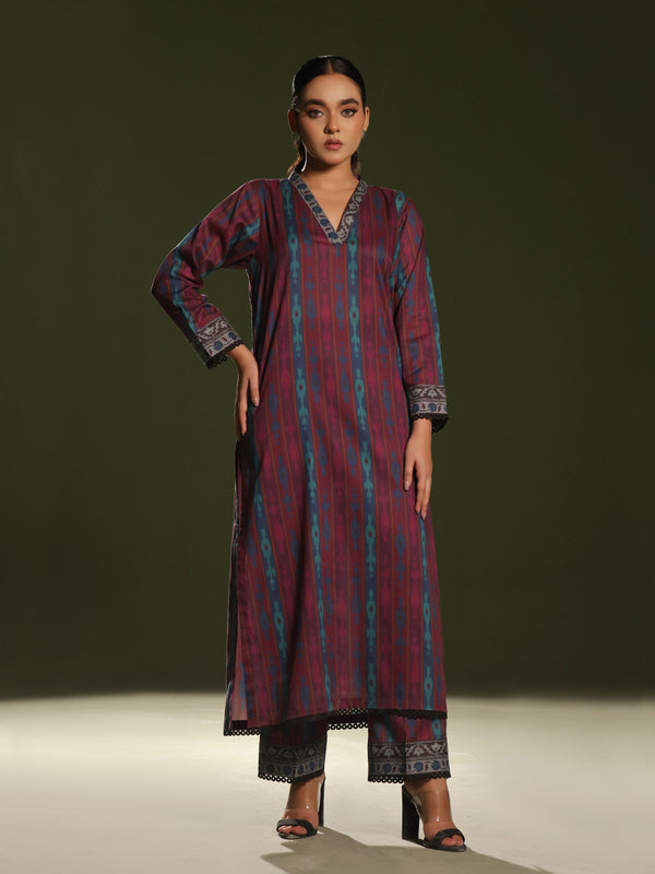 2Pc Printed Pret Shirt Trouser Cambric Maroon - OW2P-2411004