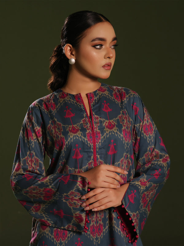 2Pc Printed Pret Shirt Trouser Cambric Blue/Pink - OW2P-2411003