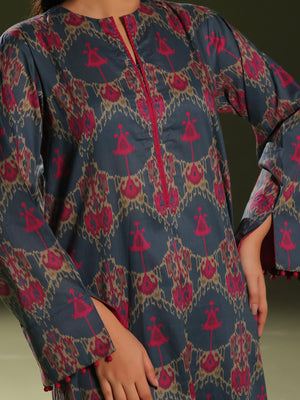 2Pc Printed Pret Shirt Trouser Cambric Blue/Pink - OW2P-2411003