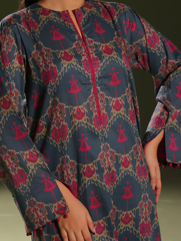 2Pc Printed Pret Shirt Trouser Cambric Blue/Pink - OW2P-2411003