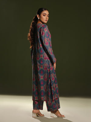 2Pc Printed Pret Shirt Trouser Cambric Blue/Pink - OW2P-2411003